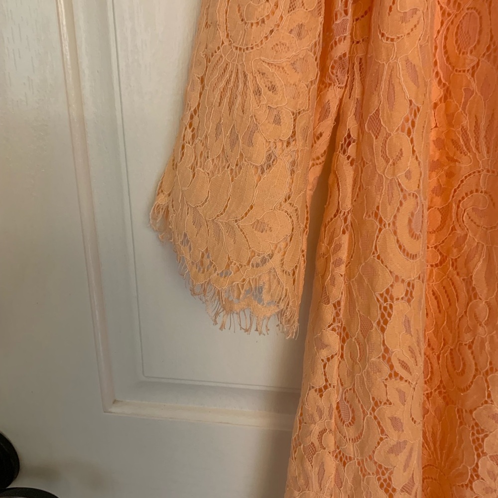 ISAAC MIZRAHI Peachy Lace Top V-Neck 3/4 Length Fringed Unlined Sleeves Size 1X - Picture 7 of 9